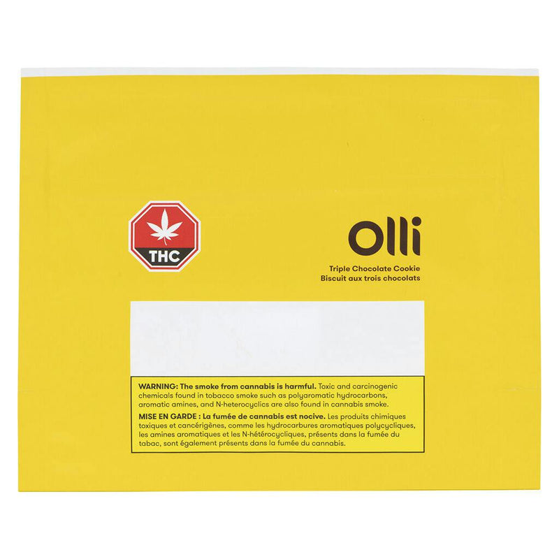 Packaging of Olli Triple Chocolate Cookie. The package has branding and product information, including a cannabis leaf symbol indicating cannabis content.