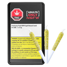 This image displays a package containing pre-rolled joints infused with a peach-flavored diamond coating, specifically designed for adult users. The packaging is black with a warning label that emphasizes the product's high concentration of THC, making it highly potent.