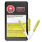 This image displays a package containing pre-rolled joints infused with a peach-flavored diamond coating, specifically designed for adult users. The packaging is black with a warning label that emphasizes the product's high concentration of THC, making it highly potent.