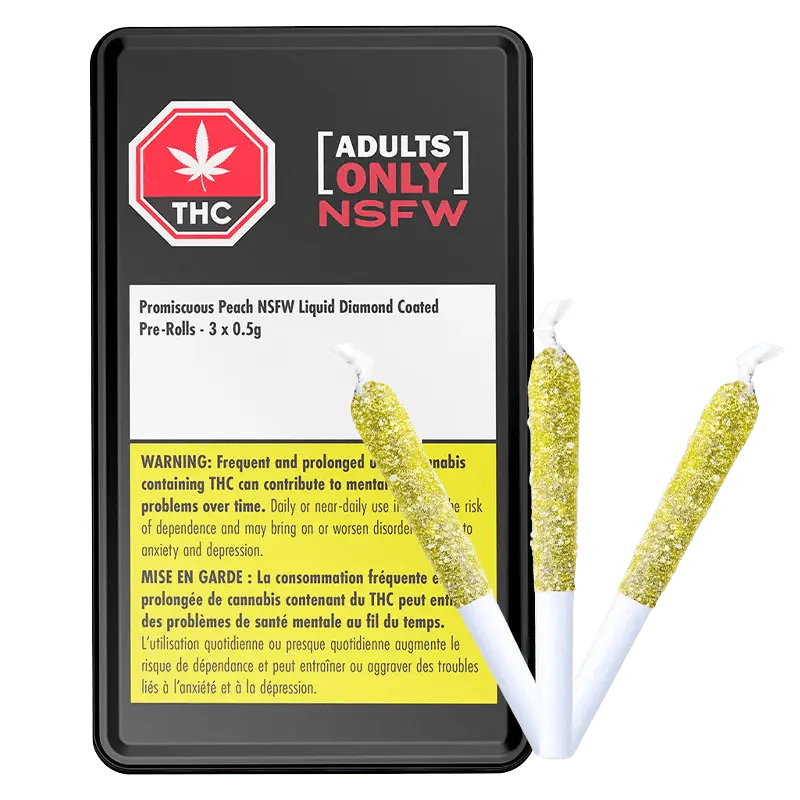 This image displays a package containing pre-rolled joints infused with a peach-flavored diamond coating, specifically designed for adult users. The packaging is black with a warning label that emphasizes the product's high concentration of THC, making it highly potent.