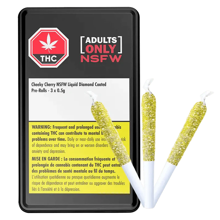 This image displays a product packaging for "Cheeky Cherry" infused pre-rolls, which are diamond coated and available in a 3x0.5g pre-roll pack.