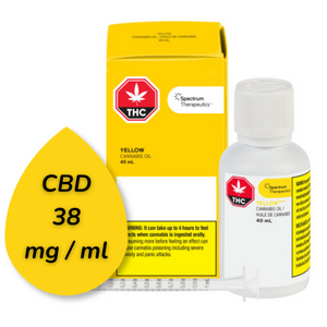 CBD product with yellow droplet label and white bottle on a white background