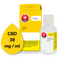 CBD product with yellow droplet label and white bottle on a white background