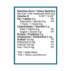 A Nutrition Facts label for a 355 mL can, showing nutritional information including calories, fat, carbohydrates, protein, sodium, potassium, calcium, iron, and cholesterol in French and English text on a white background with a blue border.
