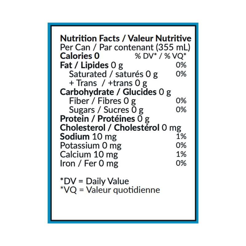 A Nutrition Facts label for a 355 mL can, showing nutritional information including calories, fat, carbohydrates, protein, sodium, potassium, calcium, iron, and cholesterol in French and English text on a white background with a blue border.