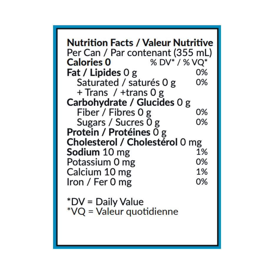 A Nutrition Facts label for a 355 mL can, showing nutritional information including calories, fat, carbohydrates, protein, sodium, potassium, calcium, iron, and cholesterol in French and English text on a white background with a blue border.