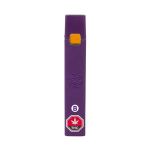A purple disposable vape pen with a logo and THC symbol on the front.