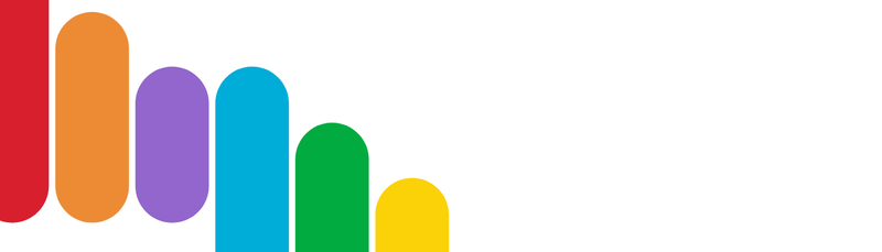 A colorful abstract graphic with six rounded vertical bars in red, orange, purple, blue, green, and yellow, arranged in descending size on a plain white background.