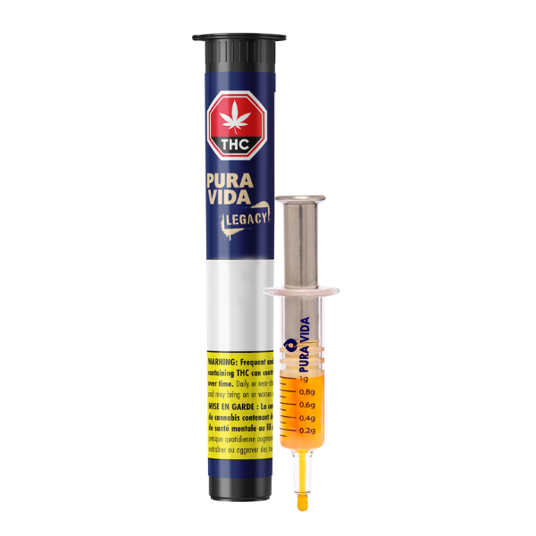A bottle of Pura Vida Sativa Honey Oil Concentrate with a syringe; the label indicates THC content and the product is classified as Legacy.