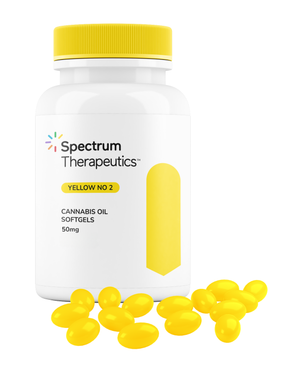 Spectrum Therapeutics cannabis oil softgels with yellow capsules on a white background