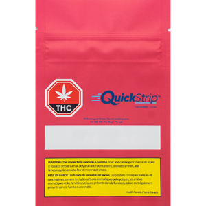 Packaging for Quick Strips sublingual cannabis strips with a cherry flavor, featuring a red background, white text, and a warning label for THC content.