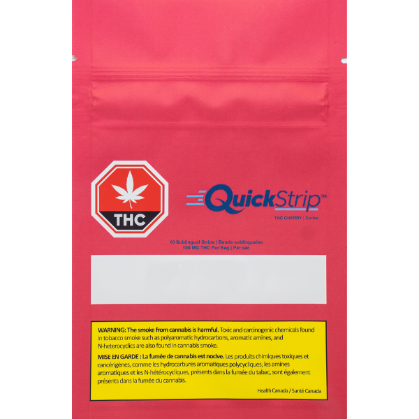 Packaging for Quick Strips sublingual cannabis strips with a cherry flavor, featuring a red background, white text, and a warning label for THC content.