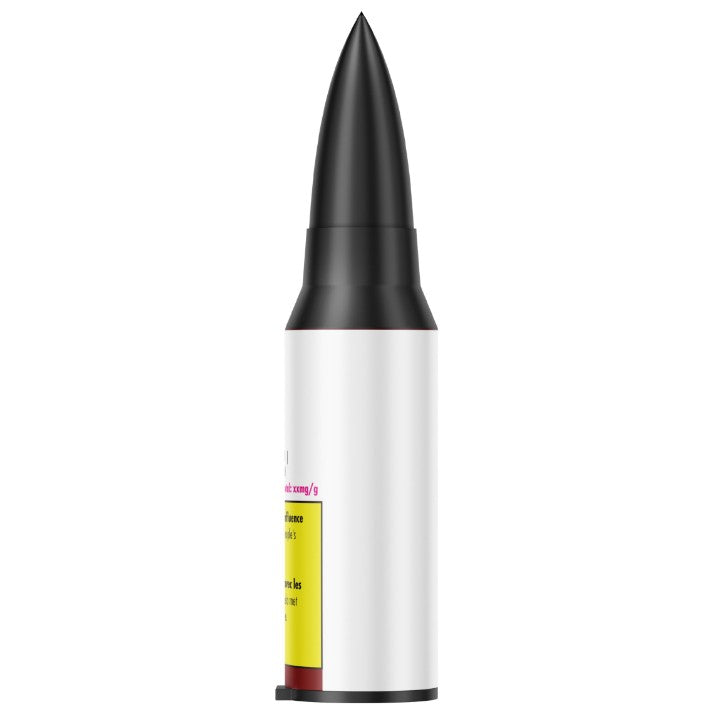 Black and white cylindrical product with a yellow label on a white background
