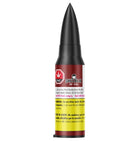 Bullet-shaped container with a red and yellow label on a white background
