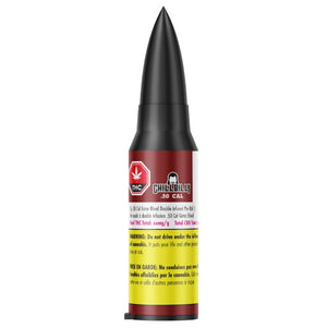 Bullet-shaped container with a red and yellow label on a white background