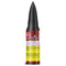 Bullet-shaped container with a red and yellow label on a white background