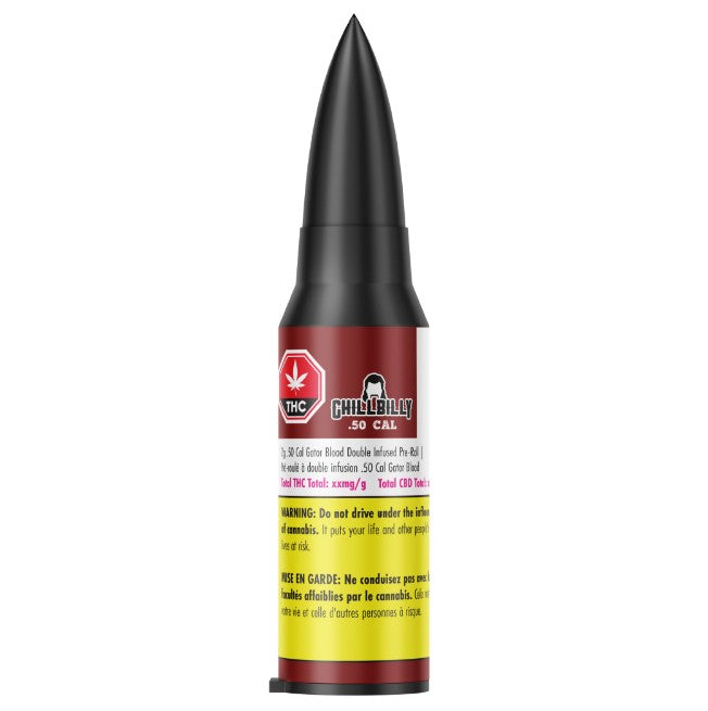 Bullet-shaped container with a red and yellow label on a white background
