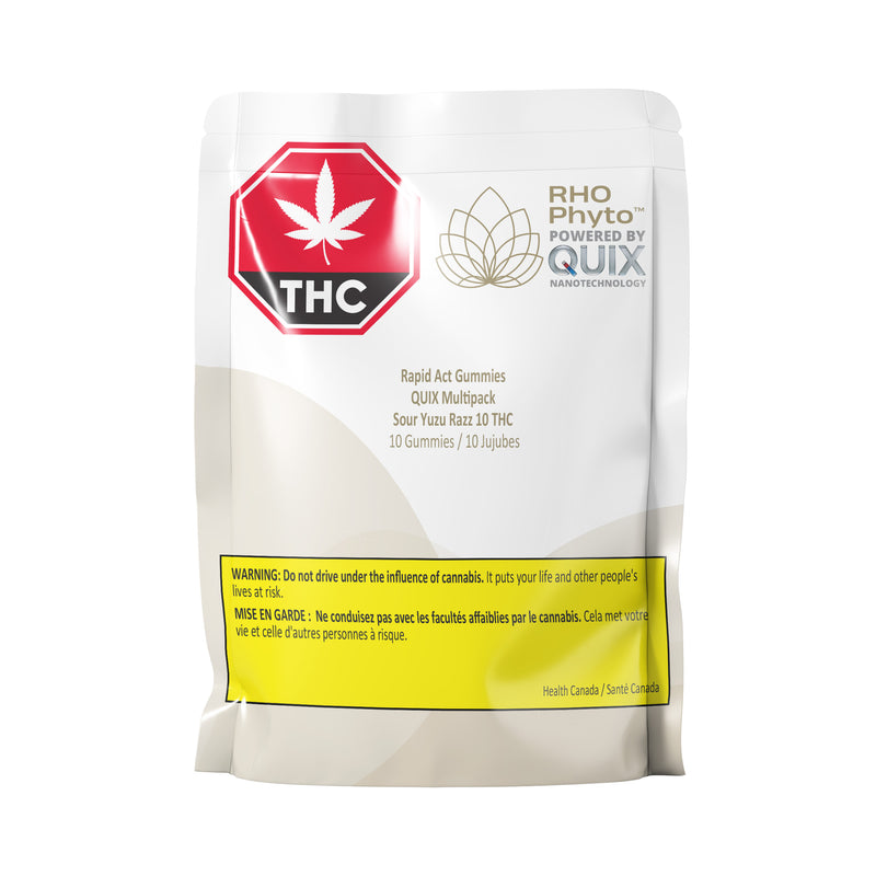 A white stand-up pouch of RHO Phyto Powered by Quix THC Rapid Act Gummies, featuring a red and white THC logo, product details, and a yellow warning label on a white background.