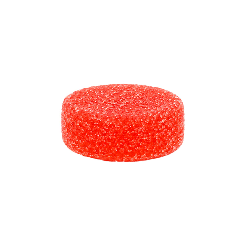 A single round, bright red gummy candy coated in sugar, shown against a plain white background.