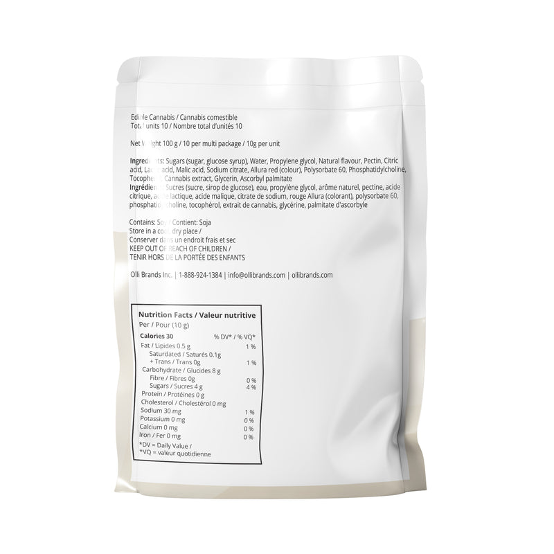 A white stand-up pouch of CBD gummies with bilingual French and English text, including a nutrition facts label, photographed against a clean white background.