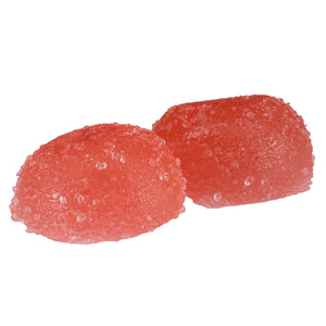 Two pink gummy candies on a white background