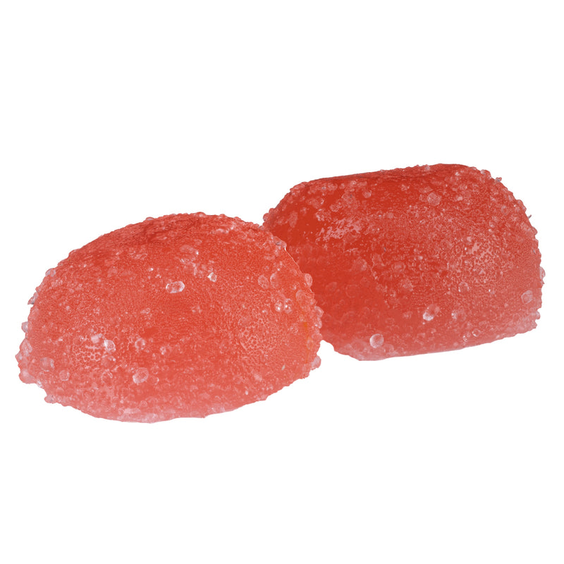 Two pink gummy candies on a white background