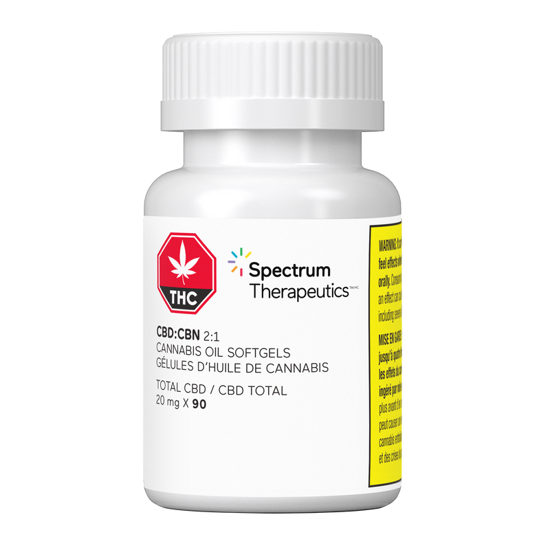 Bottle of Spectrum Therapeutics CBD-CBN 2:1 softgels on a white background