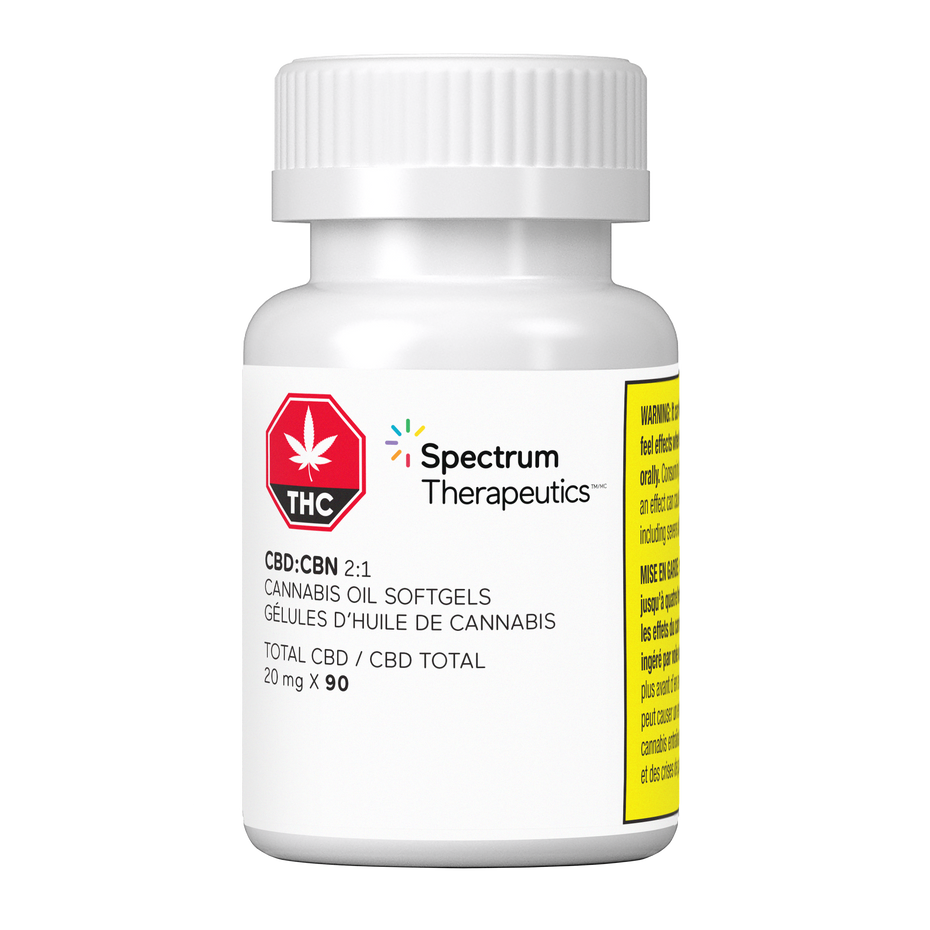 Bottle of Spectrum Therapeutics CBD-CBN 2:1 softgels on a white background
