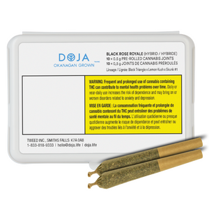 Packaging of Doja Black Rose Royale pre-rolled cannabis joints with product information and branding visible.