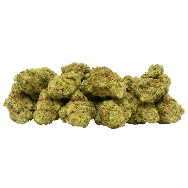 A close-up image of a few cannabis buds showing green leaves with some brown and orange hues, indicative of its terpene content.