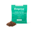Green package of Emprise Rapid powdered beverage with a small pile of brown powder on a white background