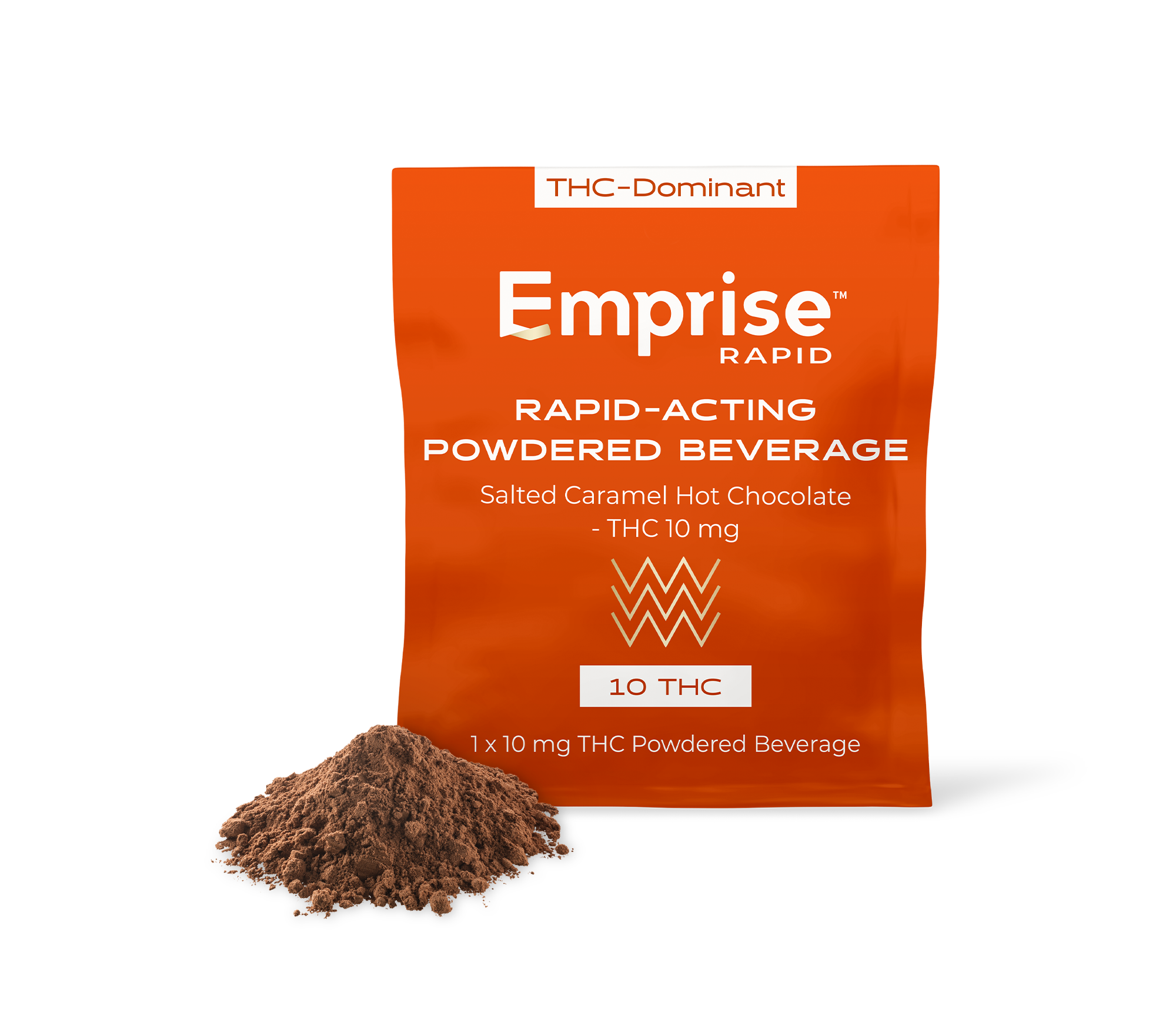 Orange package of Empriese Rapid Powdered Beverage with a small amount of powder on a white background