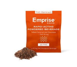 Orange package of Empriese Rapid Powdered Beverage with a small amount of powder on a white background
