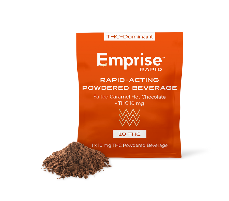Orange package of Empriese Rapid Powdered Beverage with a small amount of powder on a white background