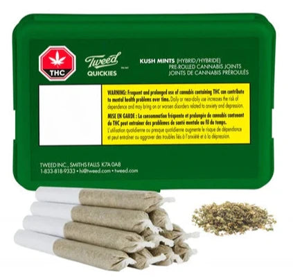 Tweed Quickies pre-rolled joints packaging and prerolled joints in foreground