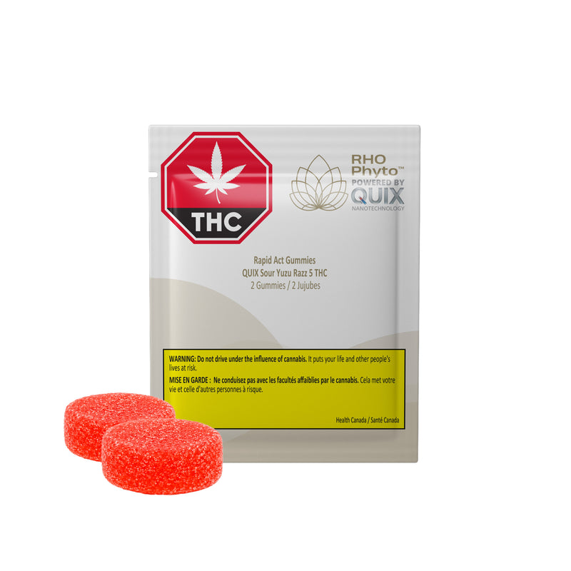 A package of Quix Rho Phytol THC Rapid Act Gummies with two red gummies displayed in front on a white background.