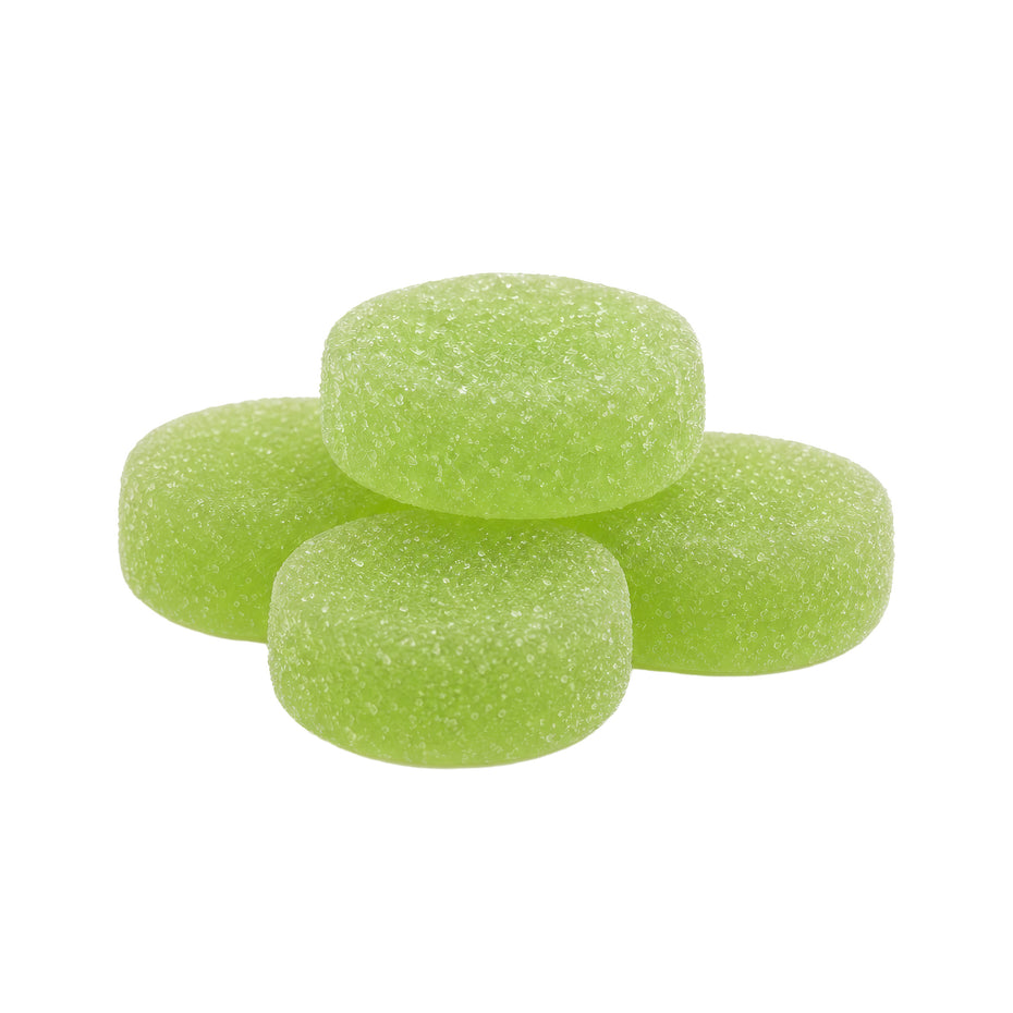 Four round, lime-green sugar-coated gummies stacked in a pyramid on a solid white background.