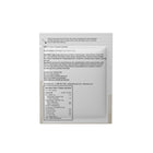 The back of a square white product package showing printed text, ingredients, nutrition facts, and a warning label on a light gray background.