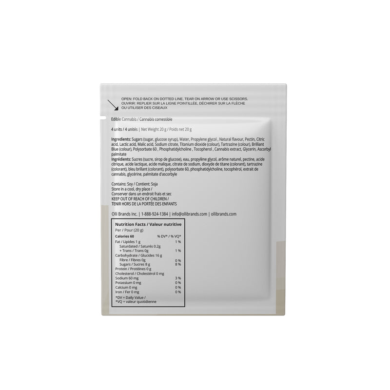 The back of a square white product package showing printed text, ingredients, nutrition facts, and a warning label on a light gray background.