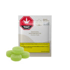 A package of Rho Phytol Powered by Quix Rapid Act Gummies, featuring a white and red pouch with a yellow warning label, shown alongside four green gummies on a white background.