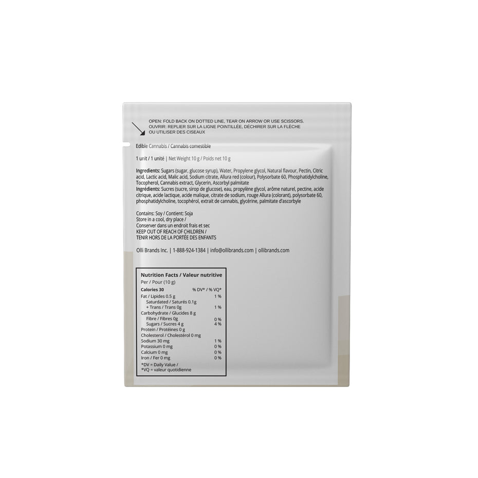 The back of a white resealable creamer pouch showing printed text, ingredients, nutrition facts, and the Obi logo, photographed on a white background.