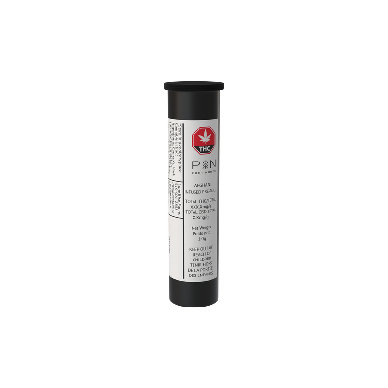 Black and white container with a label 