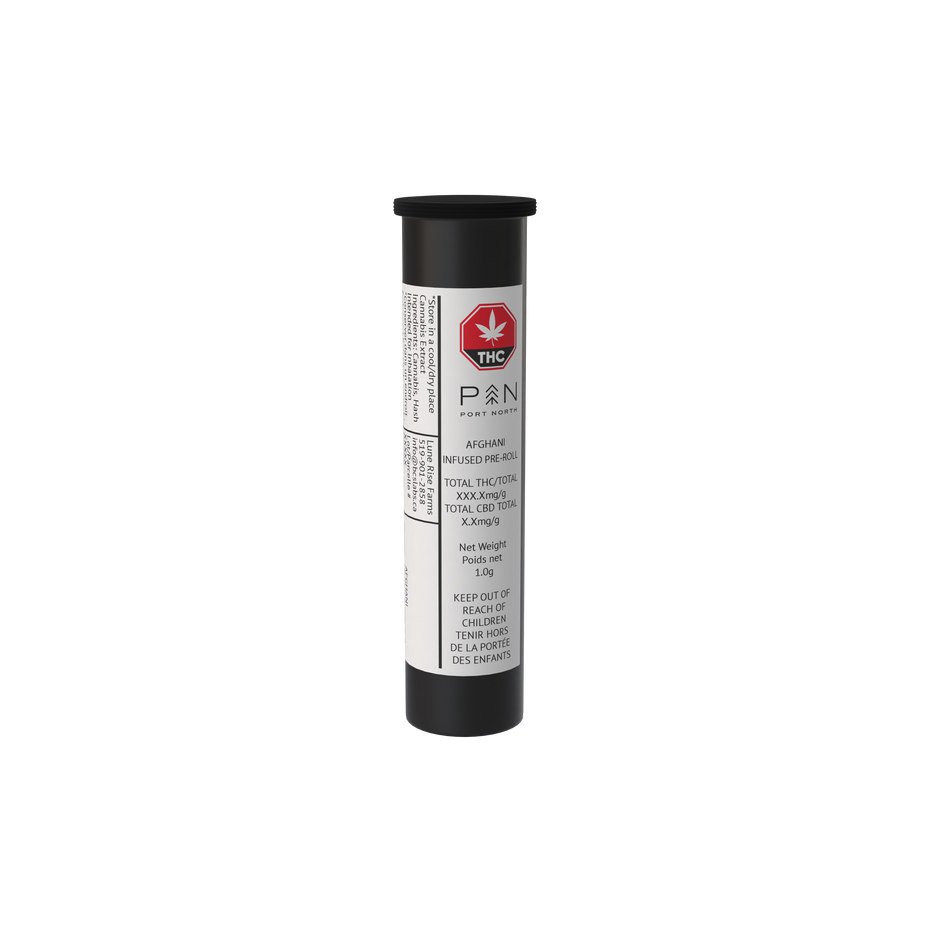 Black and white container with a label 