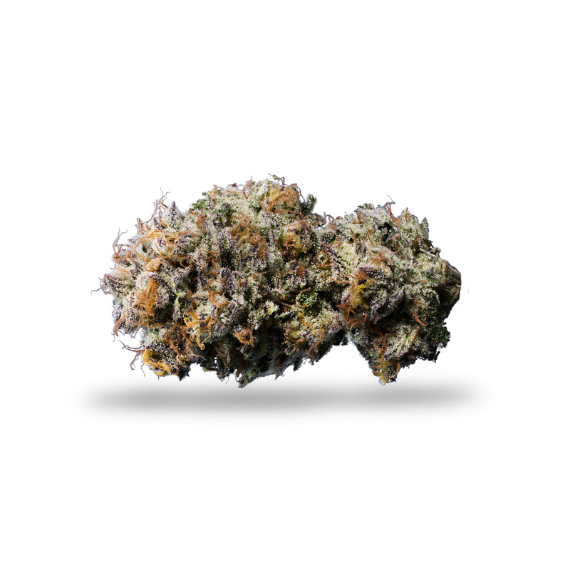 A single dried cannabis bud with dense trichome coverage in shades of green, orange, and brown, centered on a plain white background with a soft drop shadow.