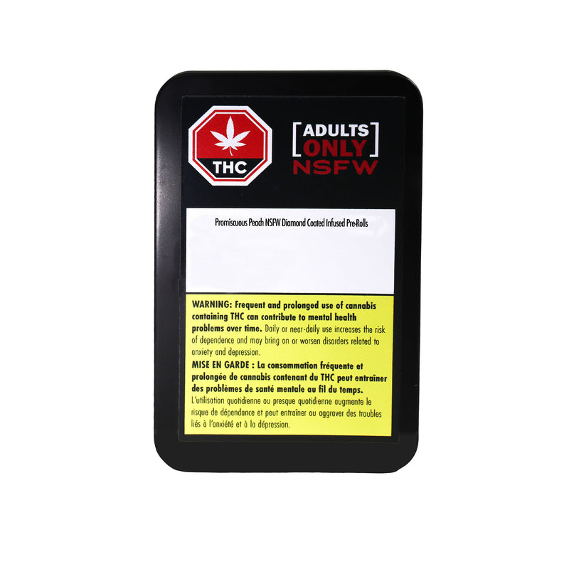 a package containing pre-rolled joints infused with a peach-flavored diamond coating, specifically designed for adult users. The packaging is black with a warning label that emphasizes the product's high concentration of THC, making it highly potent.