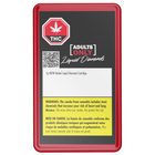 Product packaging with THC branding, warning labels, and a QR code on a black background.
