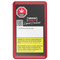 Product packaging with THC branding, warning labels, and a QR code on a black background.