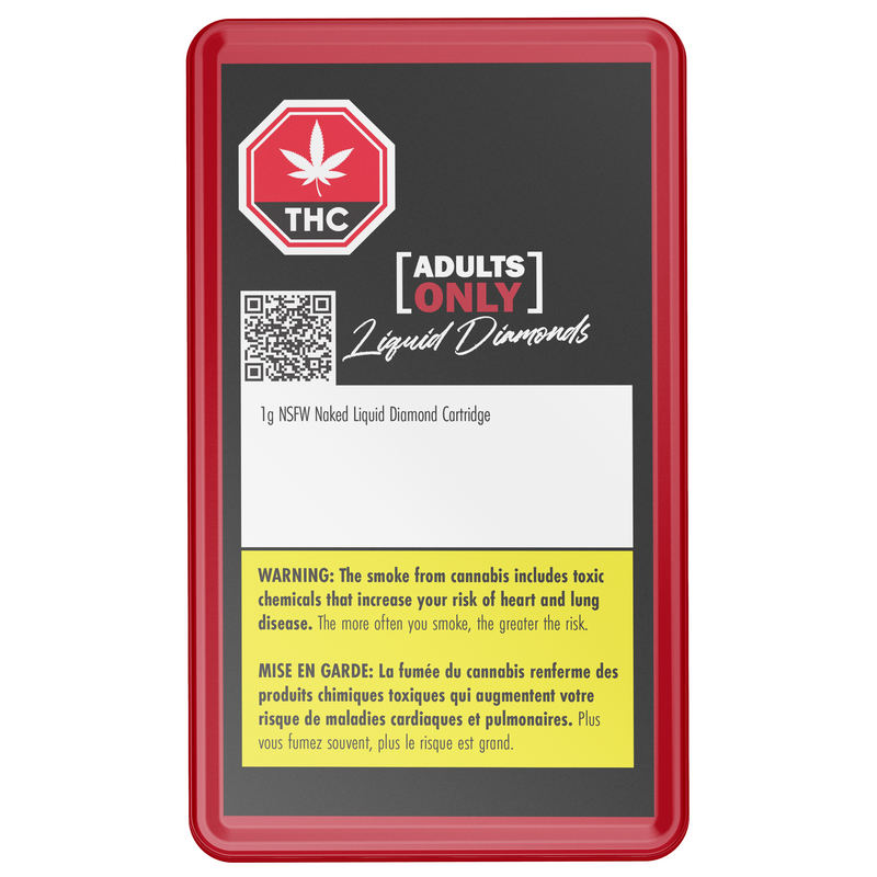 Product packaging with THC branding, warning labels, and a QR code on a black background.