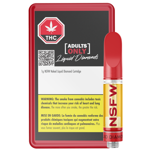 Vape cartridge packaging with THC branding and 'Adults Only' warning label.