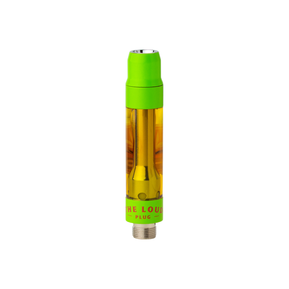 A single vape drip tip or atomizer cartridge shown upright on a plain white background. The product has a bright neon green top section and base ring, a clear transparent middle chamber filled with amber-colored liquid, and a silver metal threaded bottom.